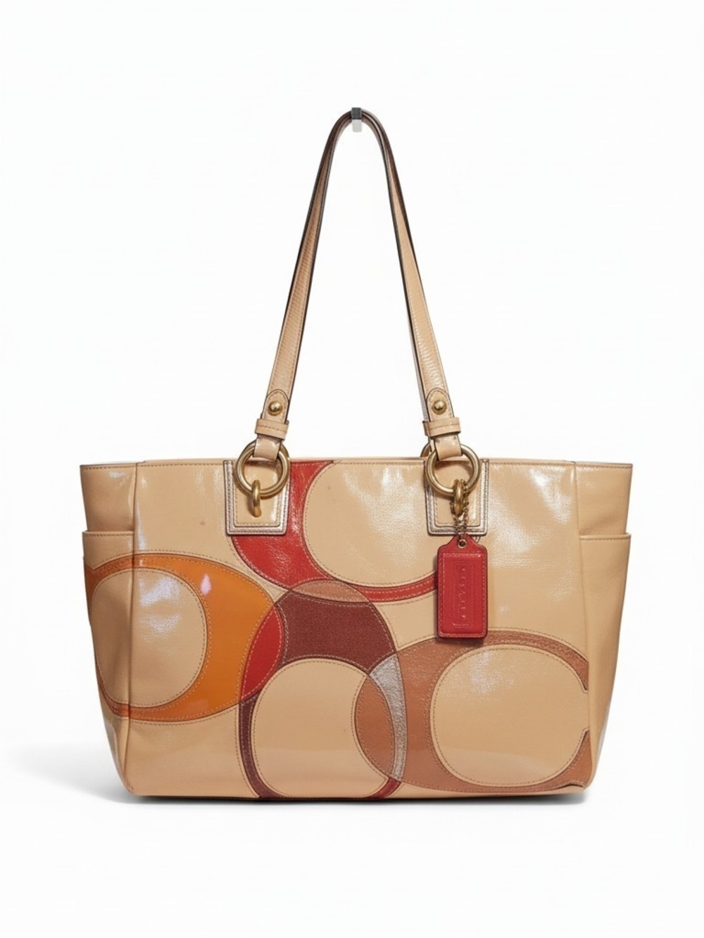Coach Beige Patent Leather Tote with Multi-Color C Appliqué